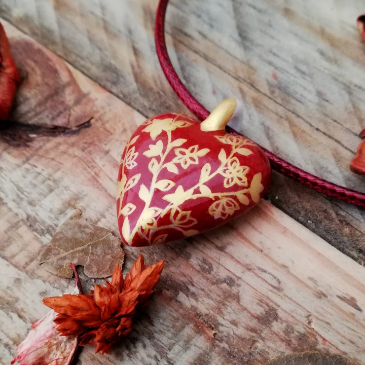 Collier coeur - Noces de porcelaine - Rouge profond or- Fleur du Japon