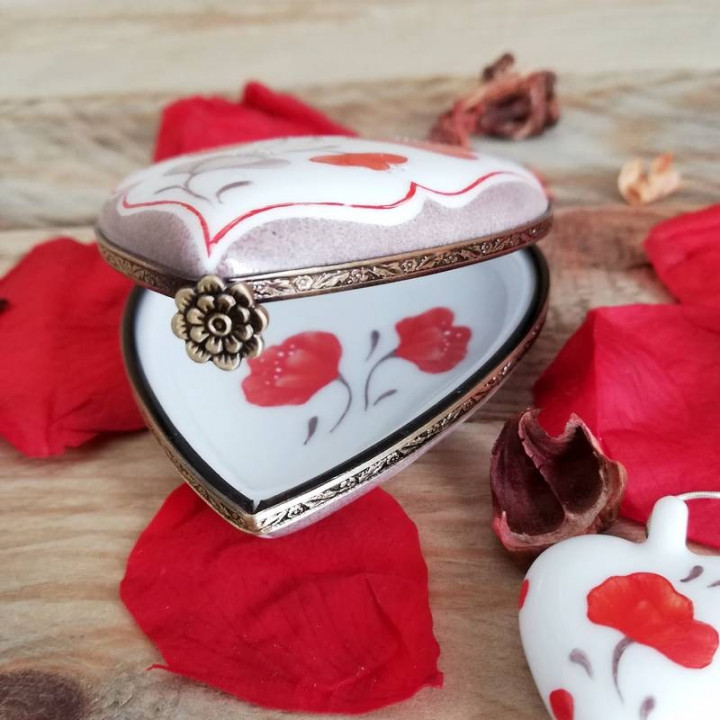 Limoges porcelain heart box Passion Poppies