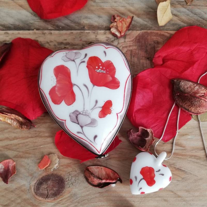 Limoges porcelain heart box Passion Poppies