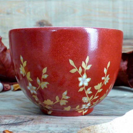 bol thé porcelaine décor fleurs du japon rouge et or