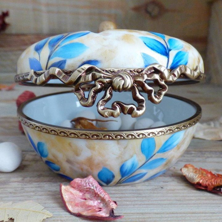 Boîte diffuseur de parfum en porcelaine - décor feuille bleue et dorée