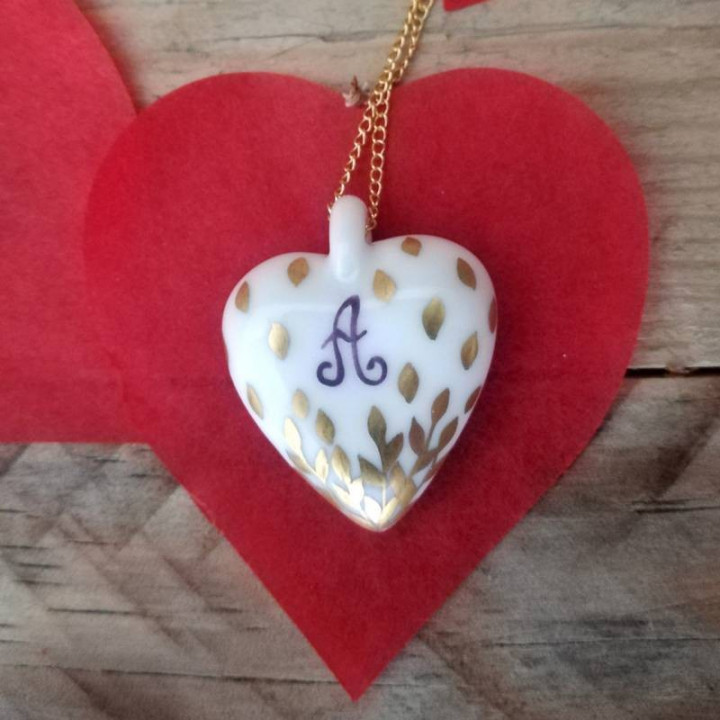 Collier coeur - Noces de porcelaine 20 ans - décor feuilles d'Or