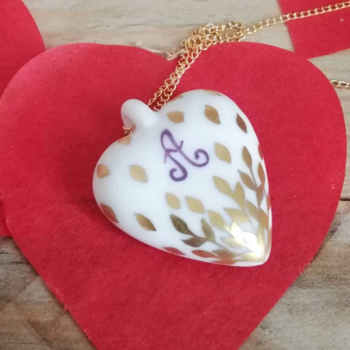 Collier coeur - Noces de porcelaine 20 ans - décor feuilles d'Or