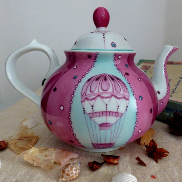 Porcelain teapot romantic air balloon decoration - wedding gift - hand painted