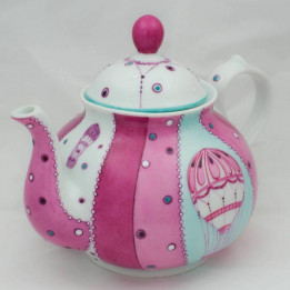 théière porcelaine forme ronde , décor romantique montgolfière