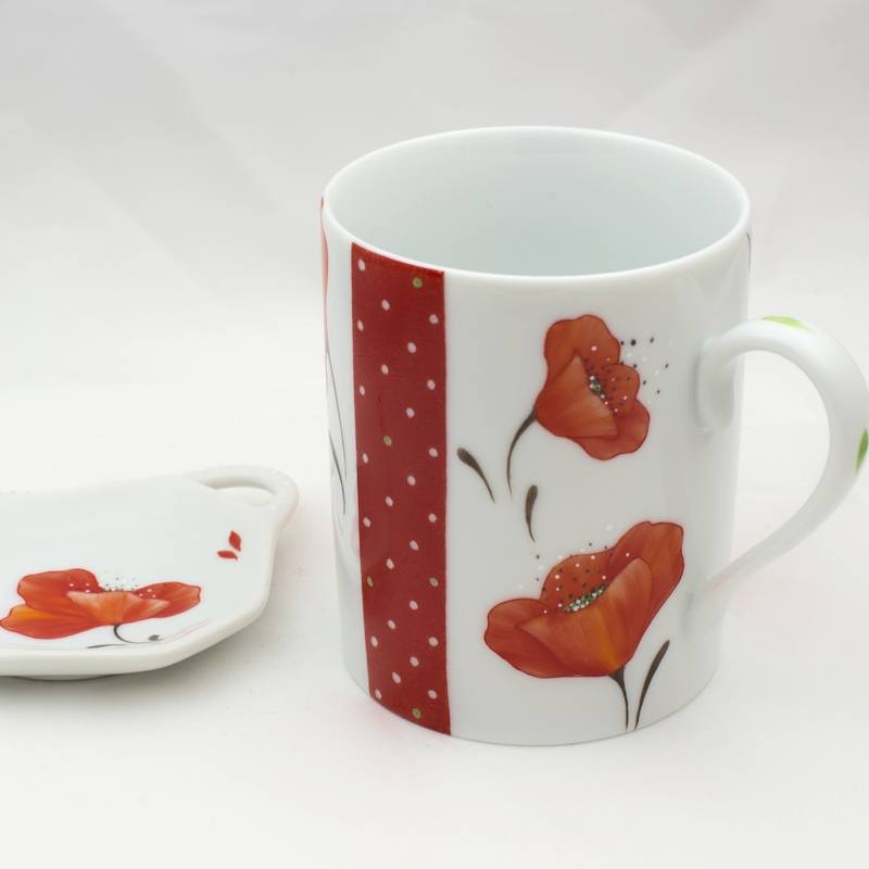 Mug porcelaine de Limoges décor pavots rouge