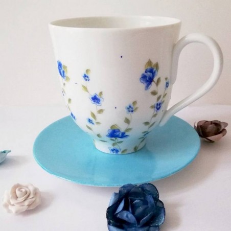 Grande tasse mug porcelaine fine décor fleur liberty bleu