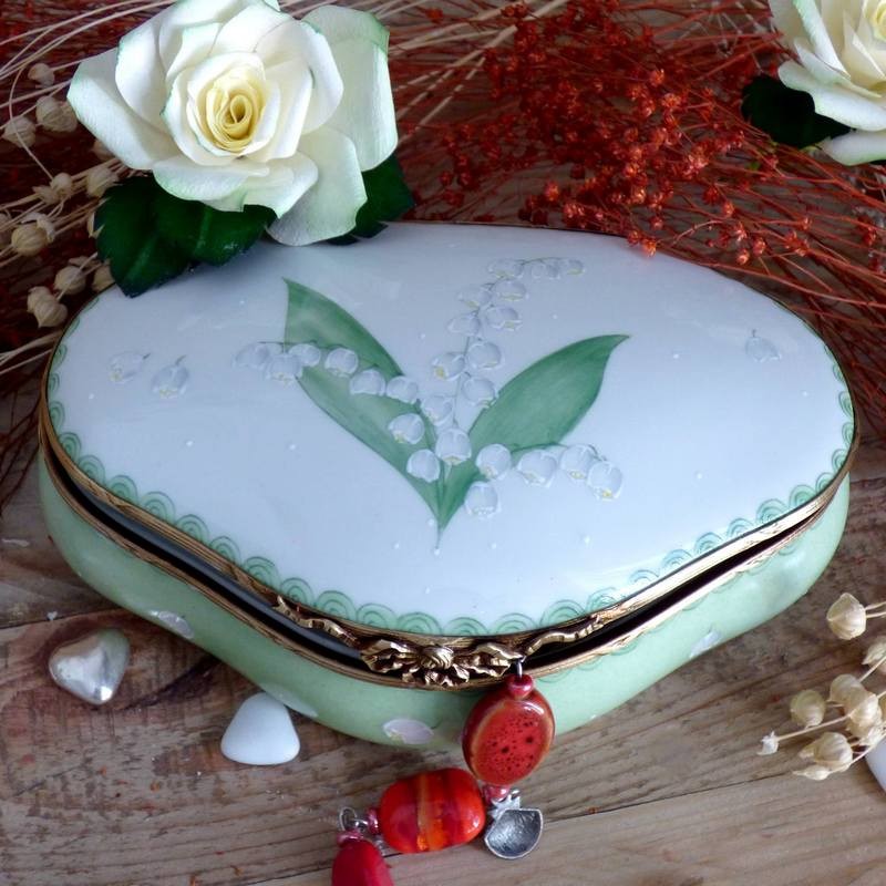 Limoges porcelain box with hand painted lily of the valley decoration