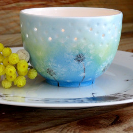 French porcelain candle pot with blown dandelion flowers