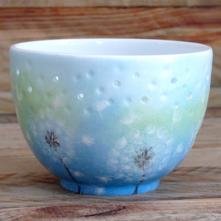 French porcelain candle pot with blown dandelion flowers