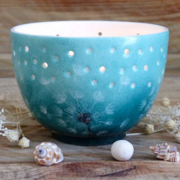 Candle pot in Limoges emerald porcelain with blown dandelion decoration