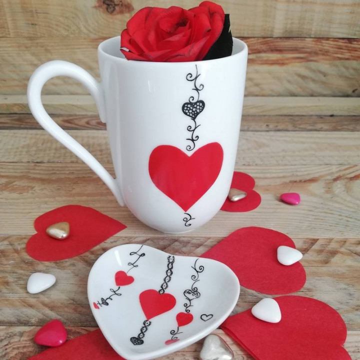 Limoges porcelain mug with red heart and black lace decoration