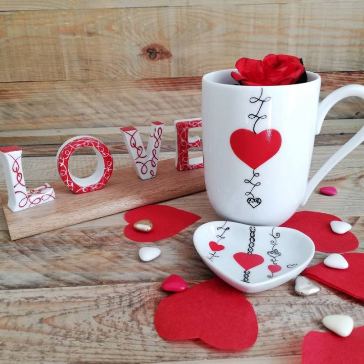 Limoges porcelain mug with red heart and black lace decoration