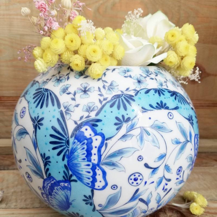 Blue porcelain ball vase butterfly decoration - hand painted - Limoges