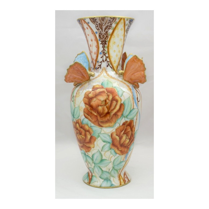 Grand vase porcelaine décor grosses fleurs et rubans - Made in France