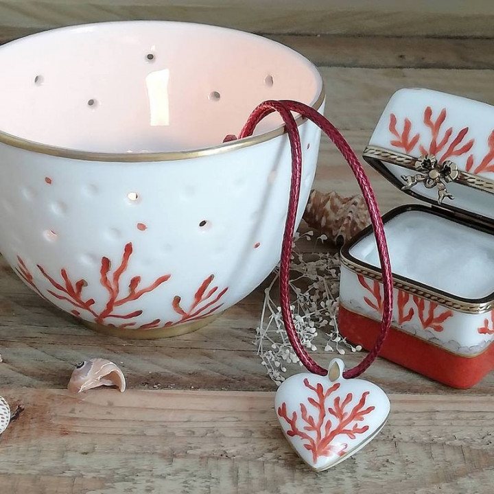 Pot à bougie rond porcelaine de France décor Corail peint à la main or