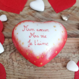 Coeur porcelaine décor rouge et feuille d'Or - anniversaire mariage