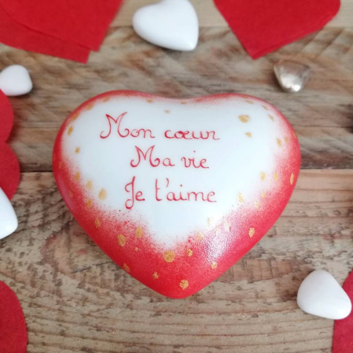 Coeur porcelaine décor rouge et feuille d'Or - anniversaire mariage