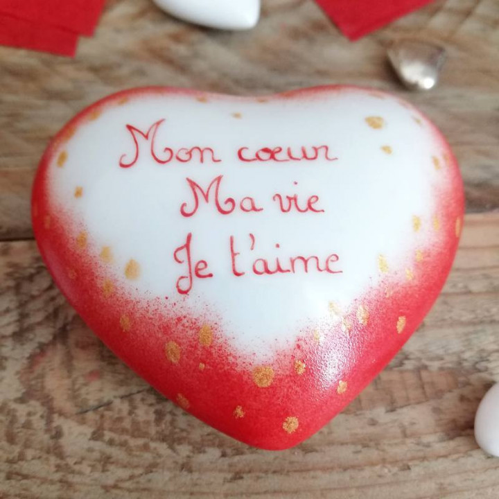 Coeur porcelaine décor rouge et feuille d'Or - anniversaire mariage