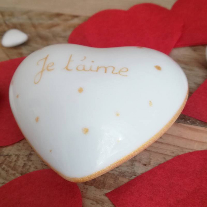 Coeur porcelaine Je t aime - Or fin feuille d'Or -anniversaire mariage