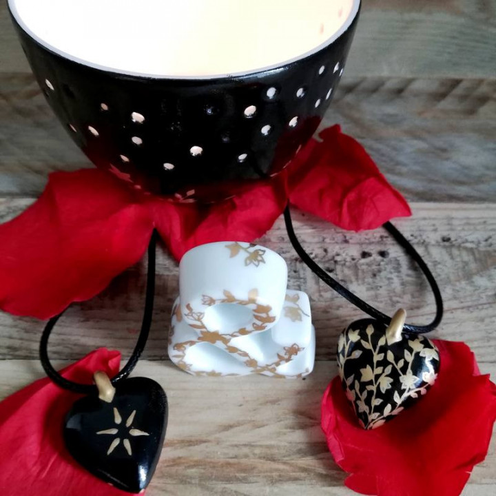 Collier coeur porcelaine - Noir et Or - Noces de porcelaine