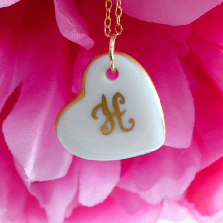 collier cœur porcelaine initiale or - cadeau noces de porcelaine