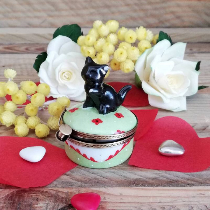 Porcelain tooth box - Small black cat gift baptism or birth gift
