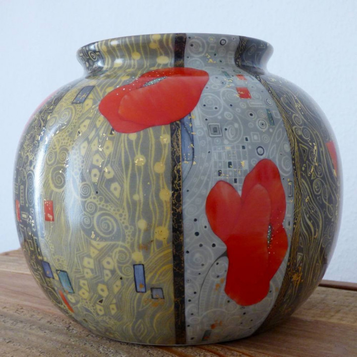 Vase boule porcelaine France décor Klimt rouge et or - Peint à la main
