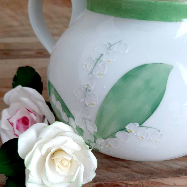 French porcelain teapot with lily of the valley and gold decoration