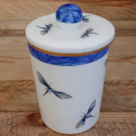 Pot à thé , épice ou pharmacie en porcelaine fine de Limoges décor peint main libellules bleues