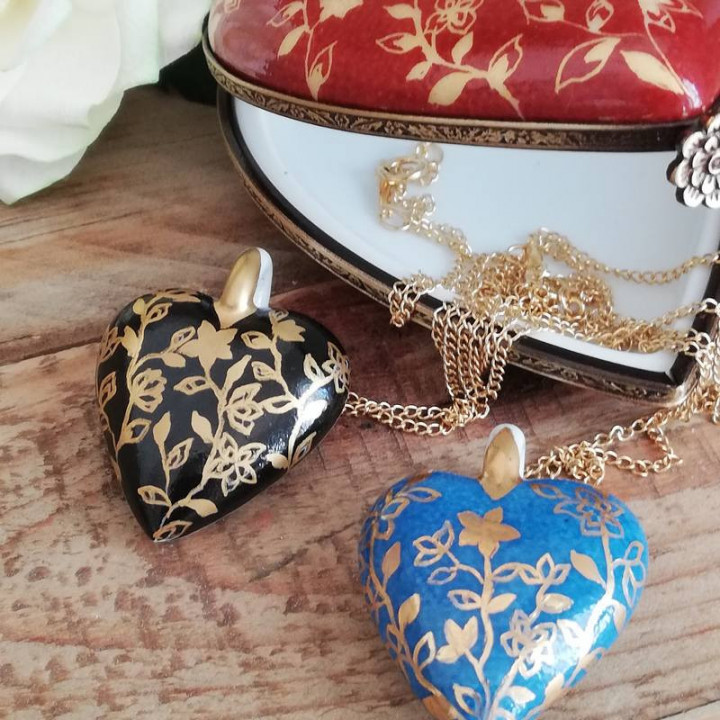 Blue and gold heart necklace - Porcelain flowers decoration from Japan