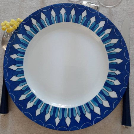 assiette plate porcelaine géométrie bleue pour service de table personnalisé