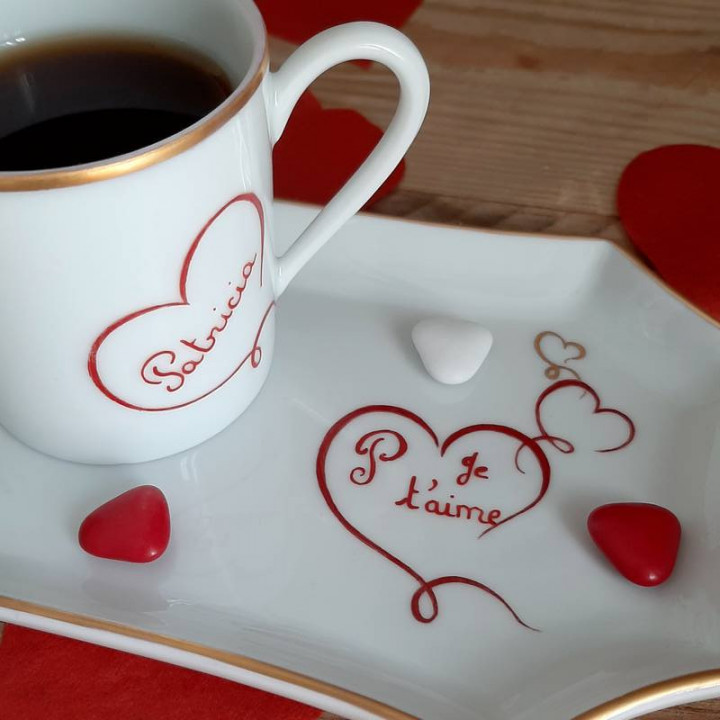 Porcelain coffee cup and its small tray coffee gourmet red heart
