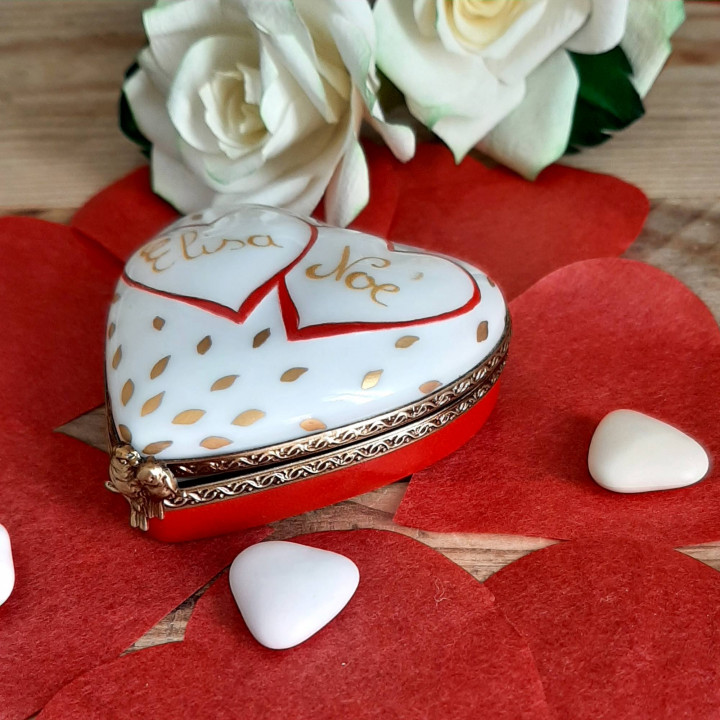 Boite coeur de porcelaine rouge et or - Ecrin alliance - Mariage