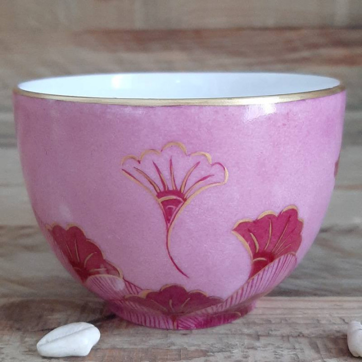 Tea cup porcelain decorated with pink and gold wedding flowers