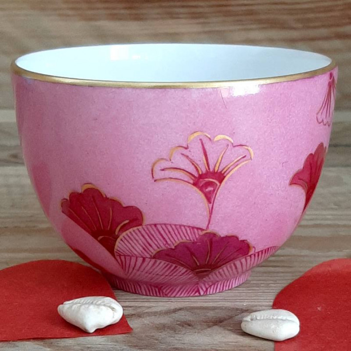 Tea cup porcelain decorated with pink and gold wedding flowers