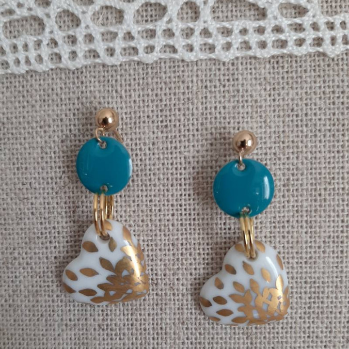 Blue and gold porcelain heart earrings - Wedding Anniversary