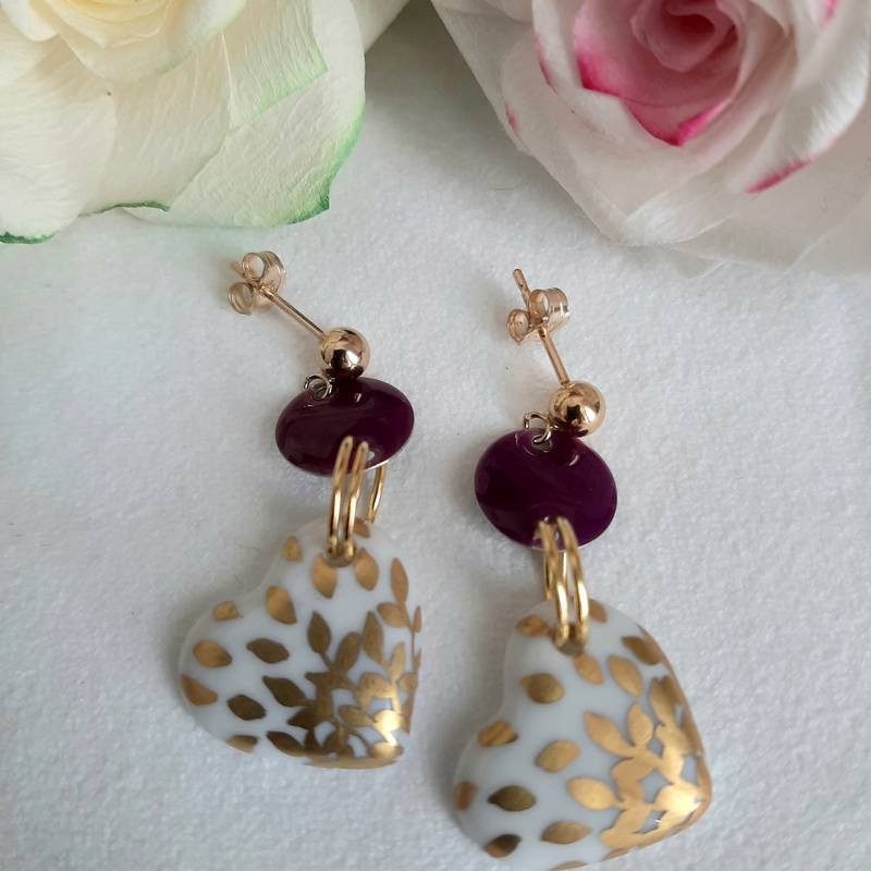 violet and gold porcelain heart earrings -  made in france