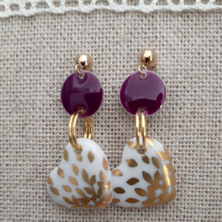 Purple and gold porcelain heart earrings - Noces de porcelaine