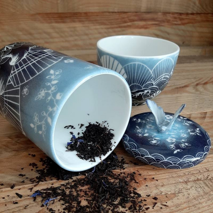 Pot à thé ou épices en porcelaine décor Vagues bleues - Made in France
