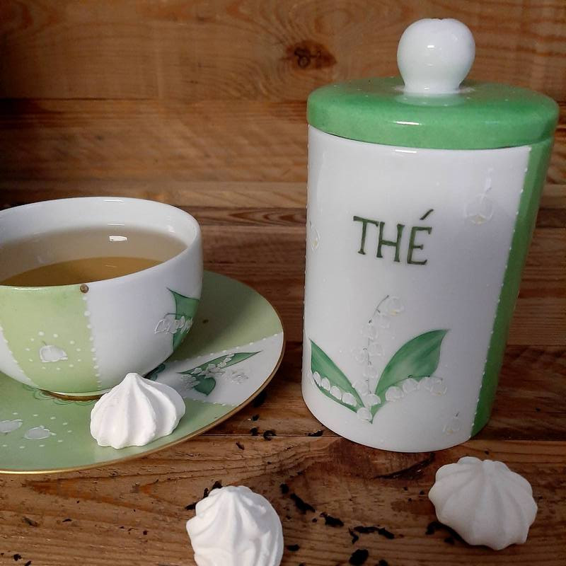 Repose sachet de thé porcelaine de France - Décor muguet - peint main