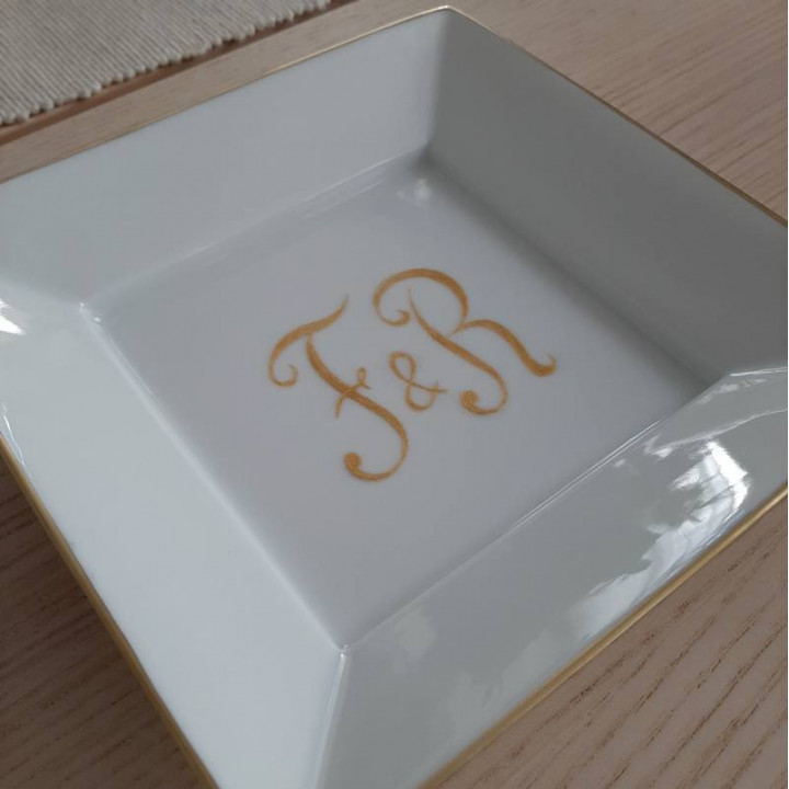 Porcelain of France tray, decorated with personalized initials Gold