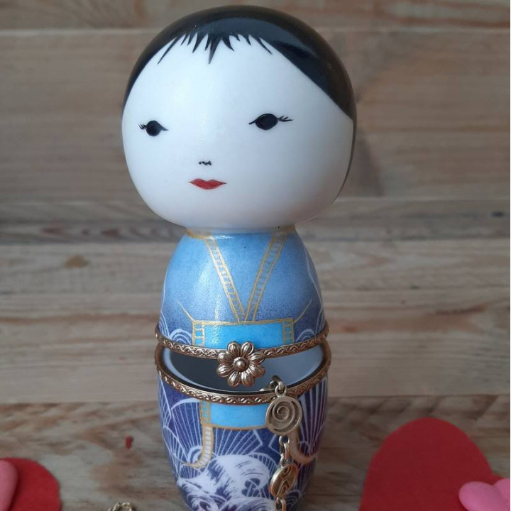 Porcelain Kokeshi doll - Jewelry box - Blue wave design handpainted