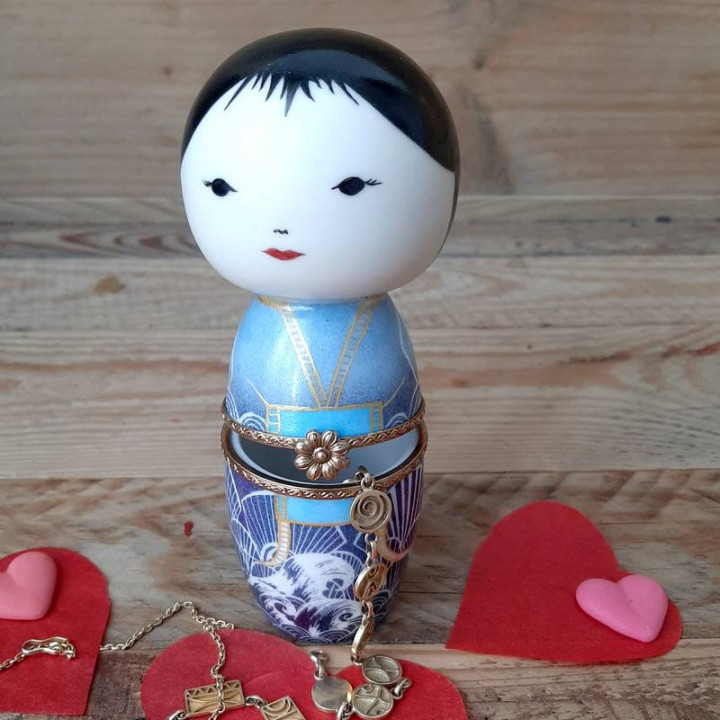 Porcelain Kokeshi doll - Jewelry box - Blue wave design handpainted