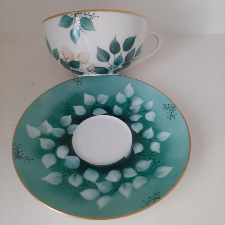 Green and gold porcelain breakfast cup and saucer - France