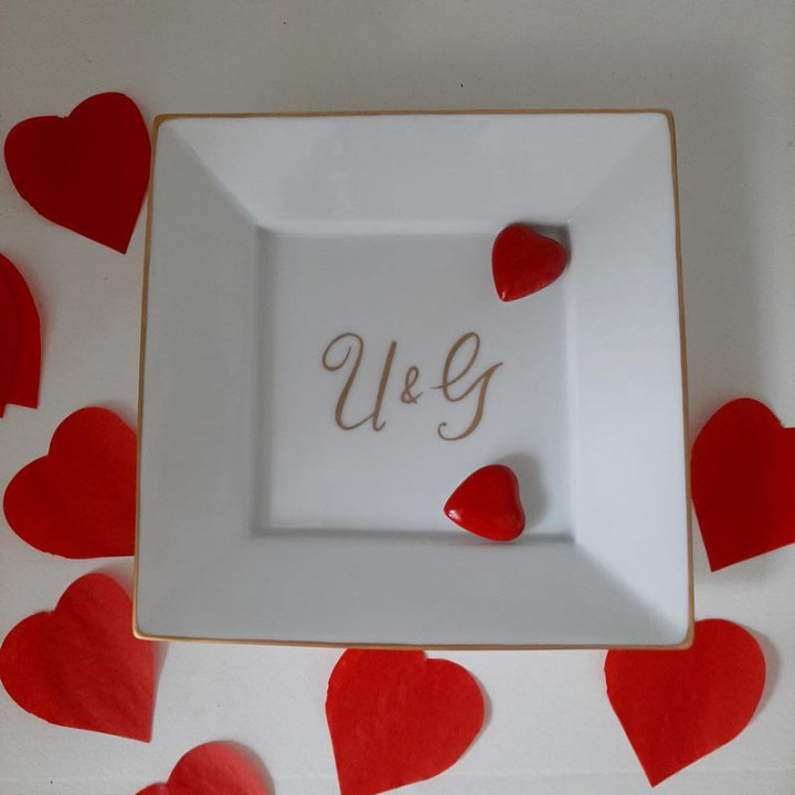 Porcelain of France tray, decorated with personalized initials Gold