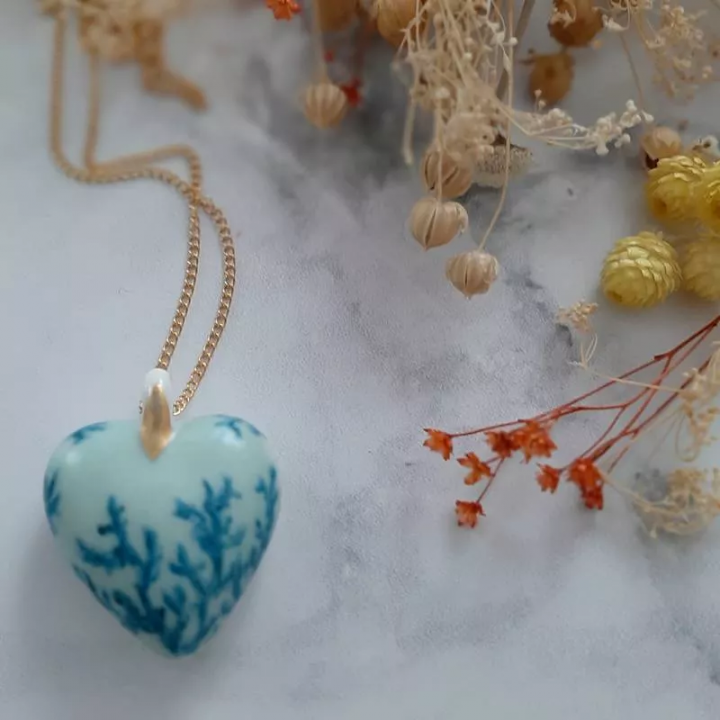 Heart necklace - Porcelain wedding - Blue Coral decor-customize