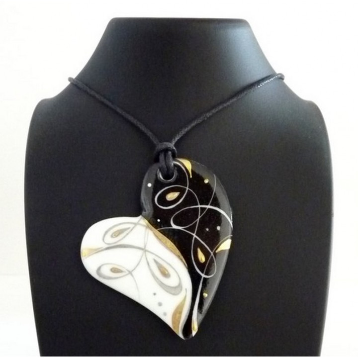 Collier coeur porcelaine - Noces de porcelaine - Noir et or Nuit dorée
