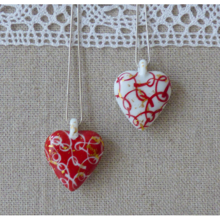 Porcelain heart necklace - Gold and passion ribbon- Porcelain wedding anniversary