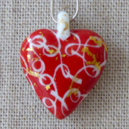 collier coeur rouge porcelaine ruban et or